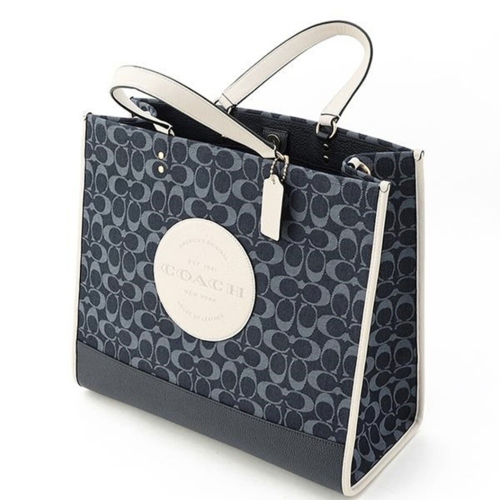 Coach Dark Blue Denim Tote Bag With White Coach Leather Emblem